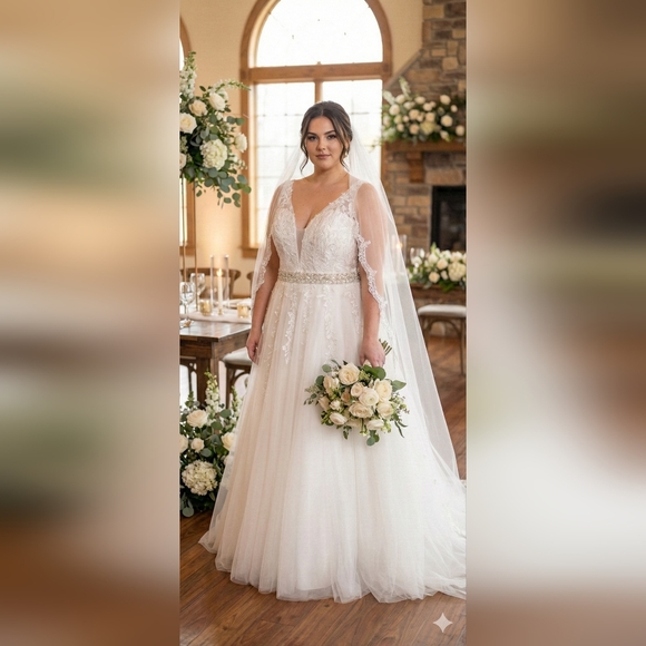 Abaowedding Dresses & Skirts - Abaowedding White Wedding Gown Lace Tulle Applique Illusion V Neck NWT